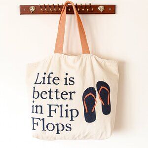 Big Tote Beach Bags Logo Print “Life Is better In Flip Flops” Cream Pink Vacay